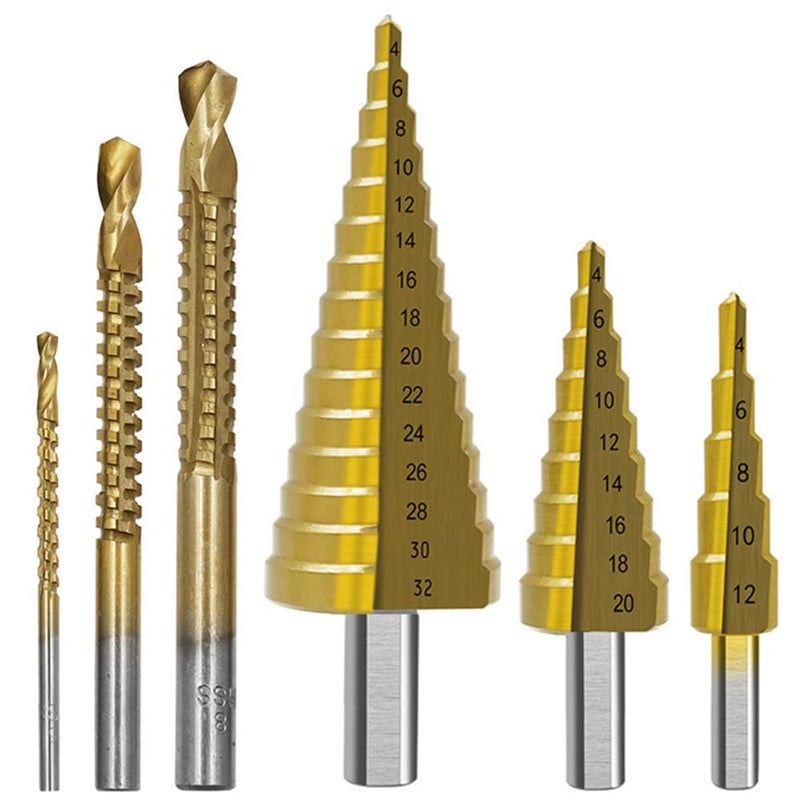 LSLANSOON 6Pcs Titanium Coated Drill Bit Set, Including 3 Sizes of Step Drill Bit and 3 Sizes of Serrated Twist Drill Bit for Metal Wood Hole Drilling - Image 2